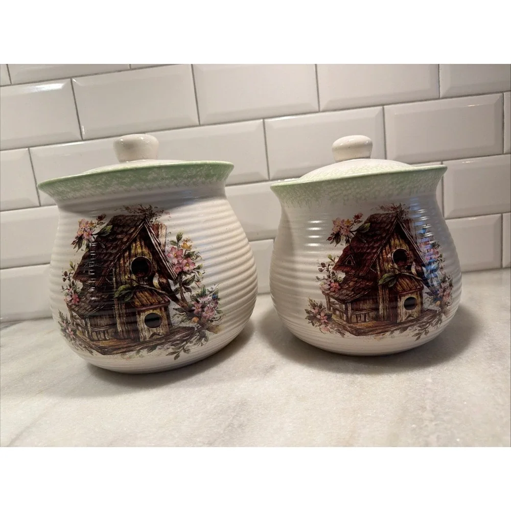 Set Of 2 Green Speckled Canisters- Textured-Birdhouse W/Florals- Beautiful OLA